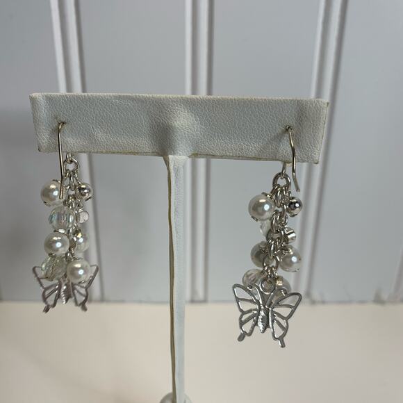Butterfly Silver Pearl Crystal Bead Dangle Earrings 1 3/4" - Picture 4 of 4